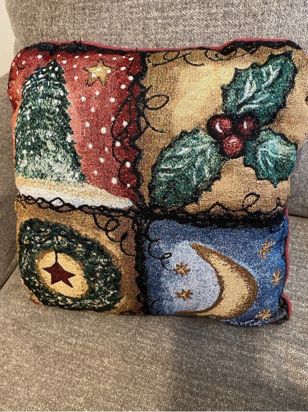 Vintage Christmas Tapestry Pillow Tree Wreath Moon Holly